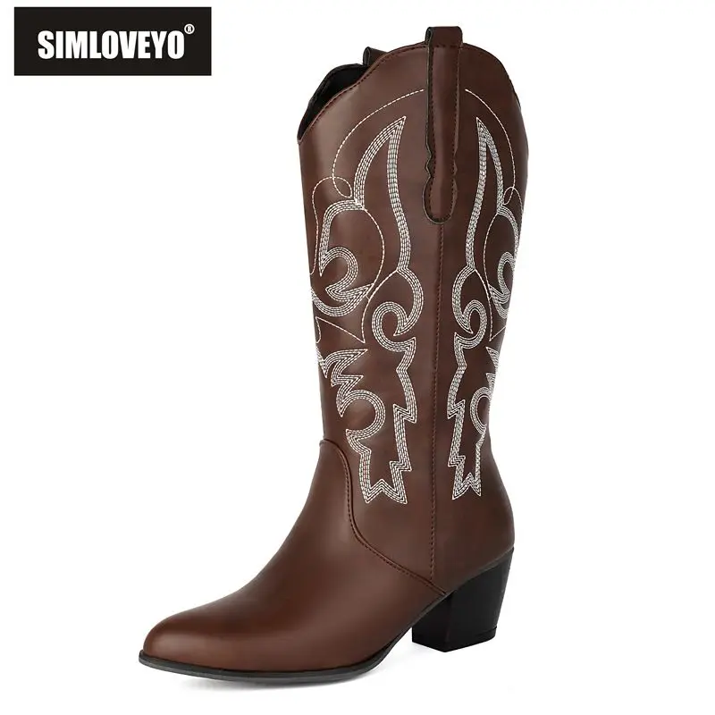 

SIMLOVEYO 2025: женские ботинки до середины икры с острым носком, туфли без шнуровки на массивном каблуке 5,5 см с вышивкой, большие размеры 43, повседневные зимние ботинки красного цвета