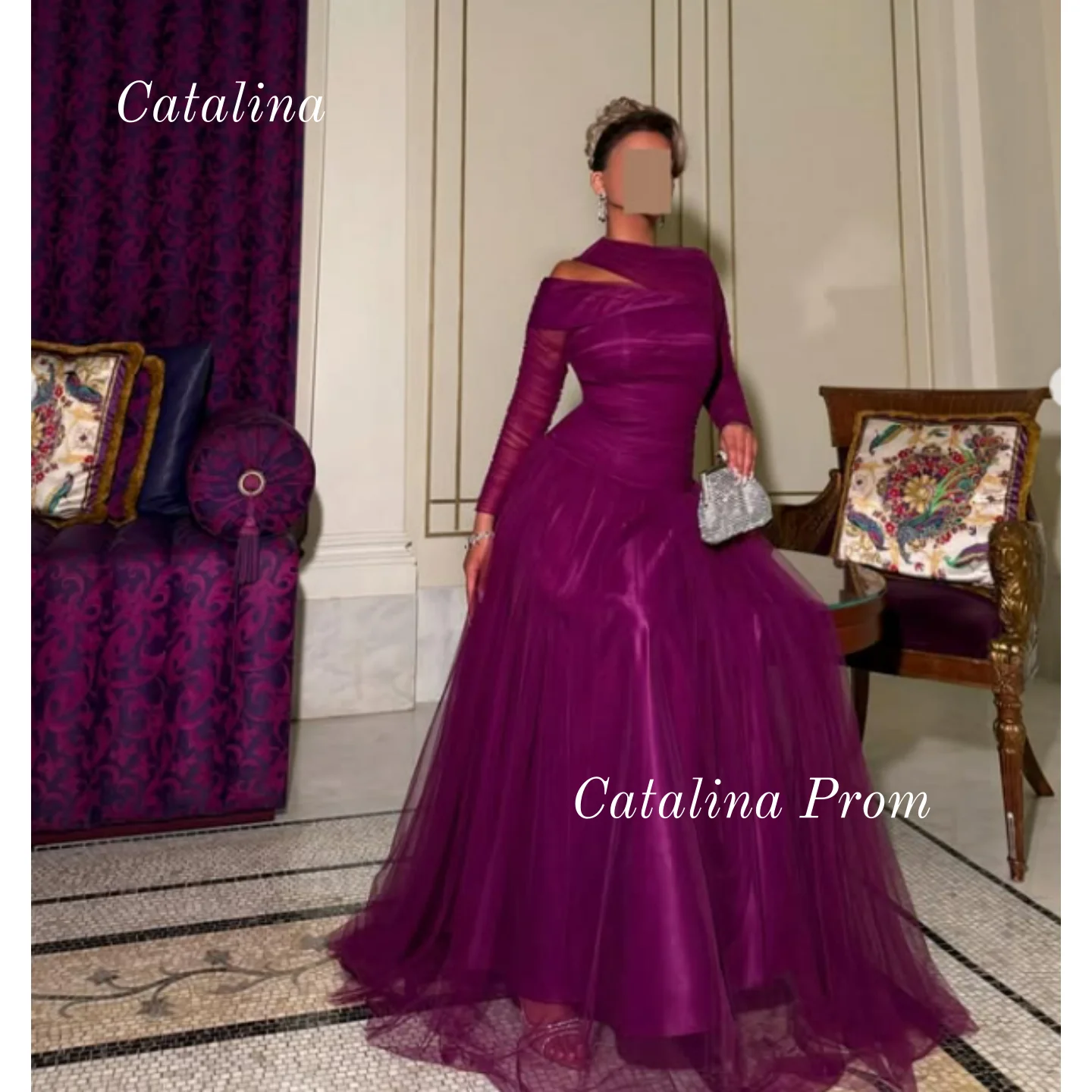 

Purple Elegant One Shoulder Prom Dresses Evening Dresses Floor Length Party Dresses Pleated Long Sleeves Wedding Customized