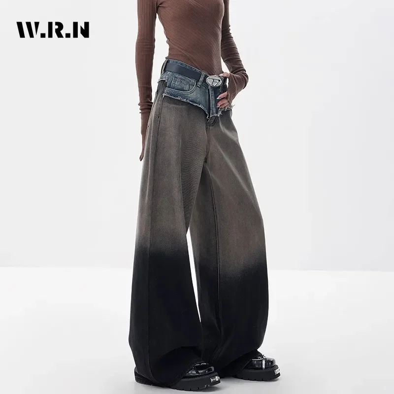 American Vintage High Waist Straight Jeans Women\'s Casual Grunge Pants Baggy Y2K Wide Leg High Street Patchwork Denim Trouser