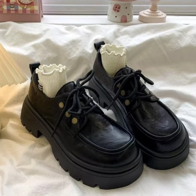 

Women's British Style Retro Chunky Heel Leather Shoes 2025 Spring Autumn Petite Friendly Thick Sole Elegant Single Shoes
