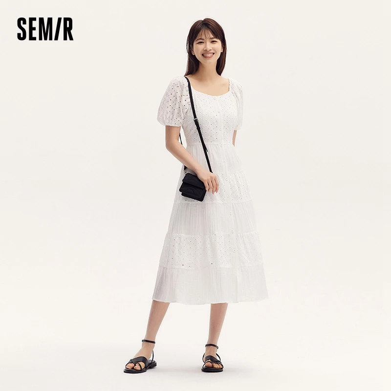 Semir Dress Women Square Collar Spliced Mid-Length Dress 2024 Summer New Hollow Texture Little White Dress French-Inspired