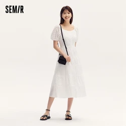 Semir Dress Women Square Collar Spliced Mid-Length Dress 2024 Summer New Hollow Texture Little White Dress French-Inspired