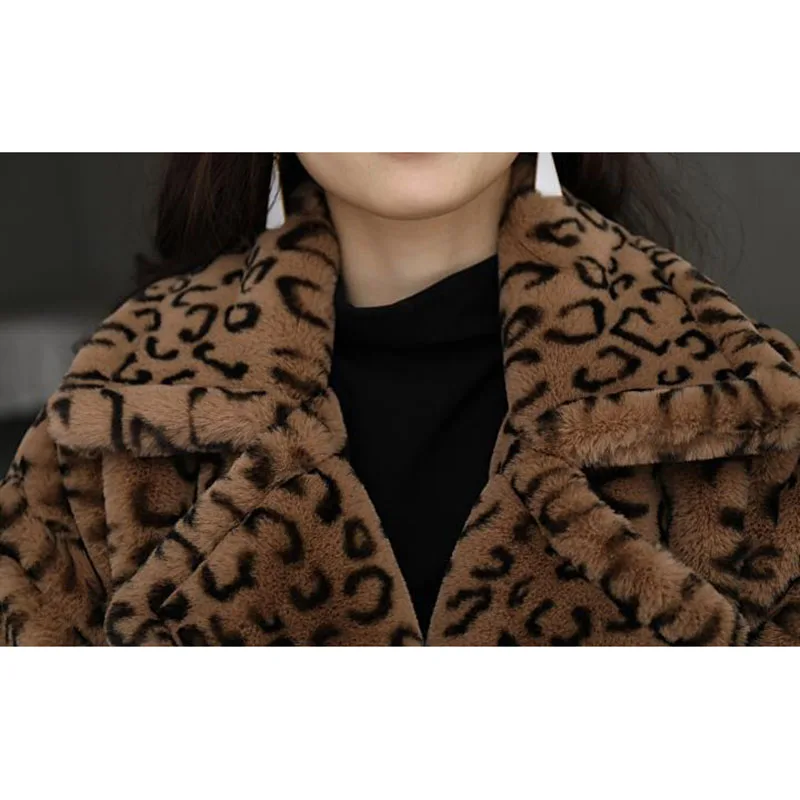 Leopard Print Teddy Fur Coat Women Outwear 2024 Winter Thick Warm Casual Loose Suit Collar Long Faux Rabbit Fur Jacket Female