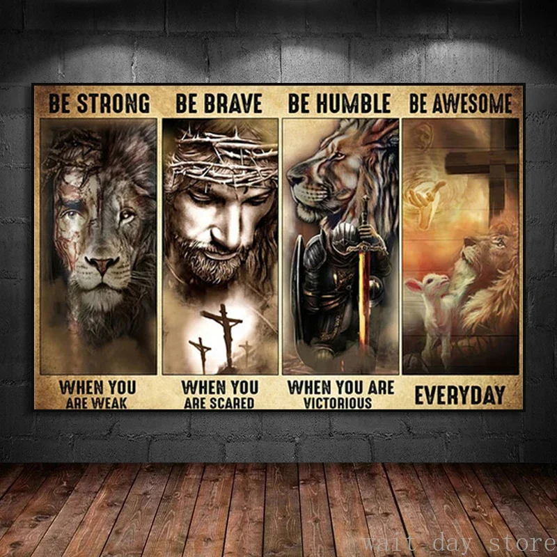 Jesus and Lion Crown of Thorns Canvas Painting  Christianity Art God Poster Print Wall Picture for Living Room Home Decor