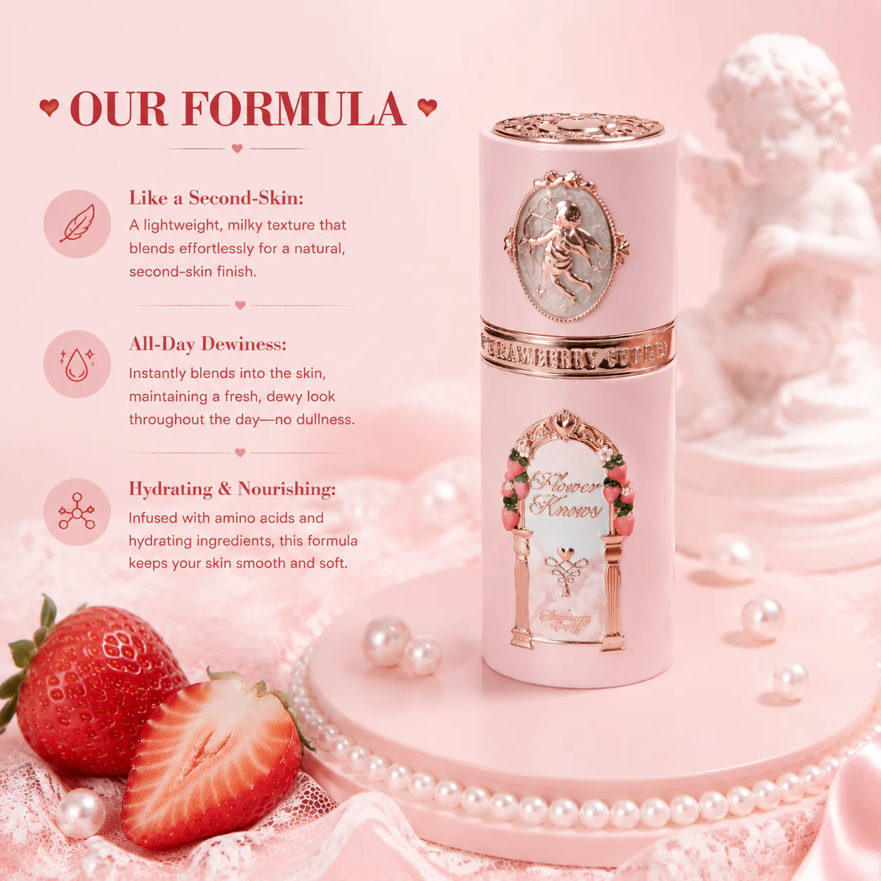 Flower Knows Strawberry Cupid Liquid Blush With Puff Lightweight Hydrating Blendable Cheek Tint Long Lasting Natural Makeup