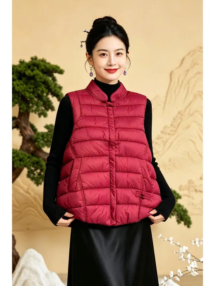 Women's Chinese style Warm Vest Lightweight Cotton Autumn Winter Outerwear Pure Color buckle vest coat - view 2