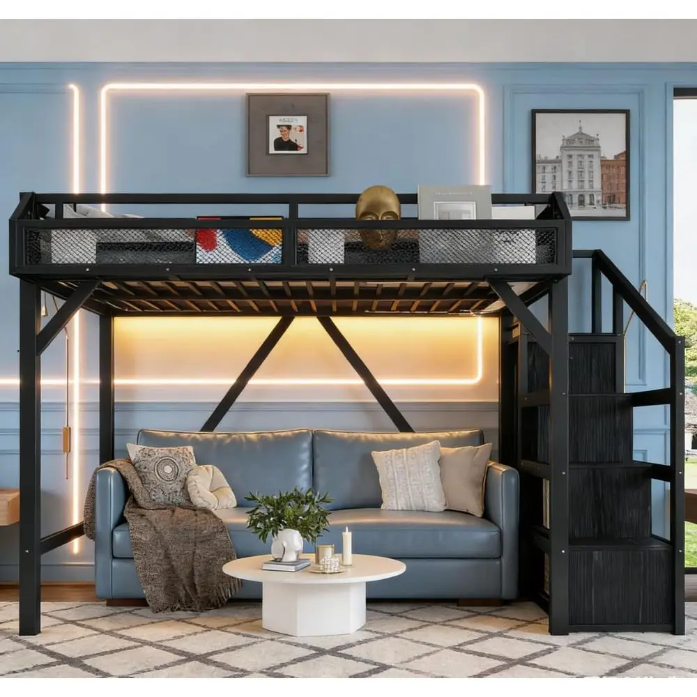 Twin XL metal loft bed with built-in wardrobe and step storage