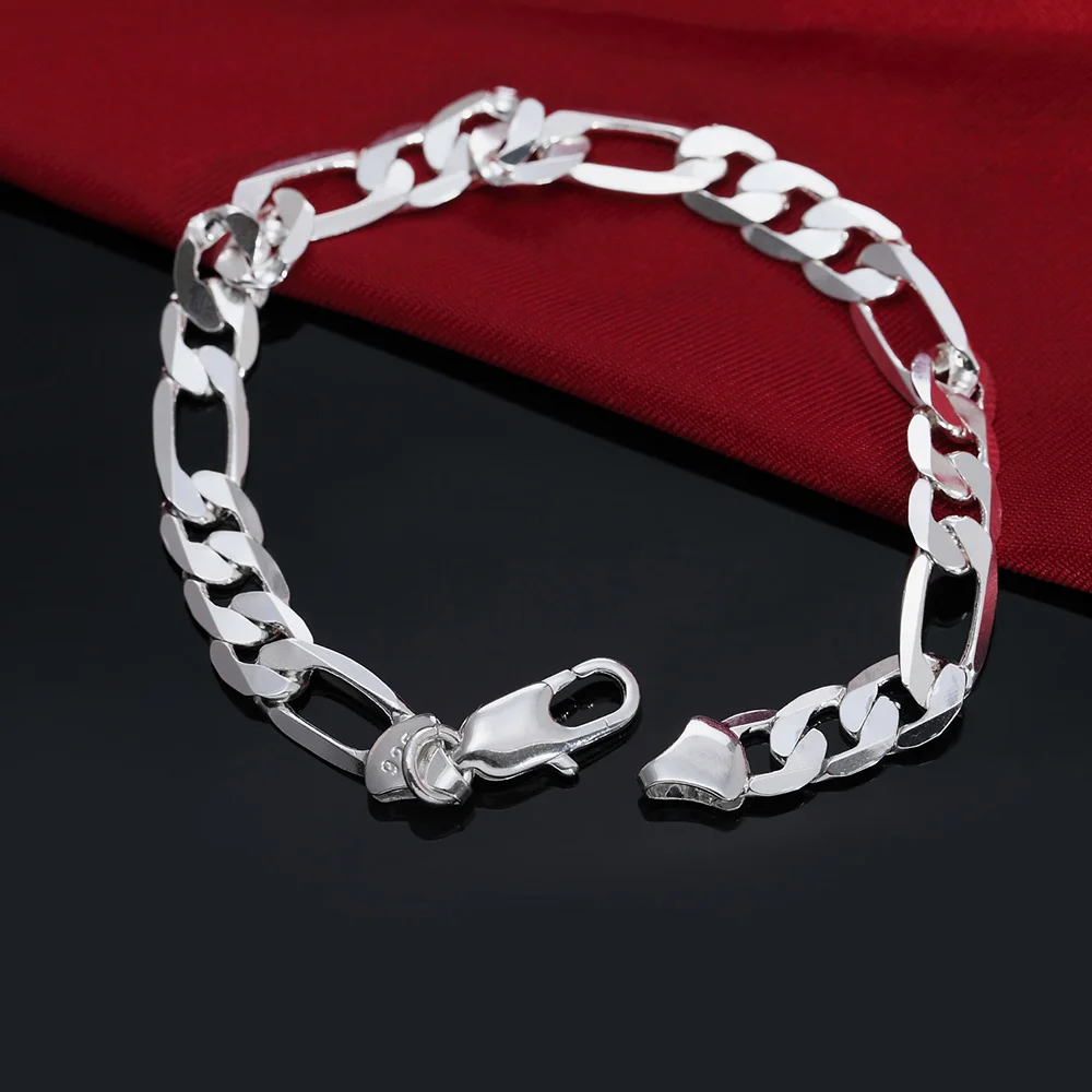 AGTEFFER 8 Inch Silver Color 8MM Gold/Silver Full Side Figaro Chain Bracelet For Woman Man Fashion Wedding Jewelry Gift