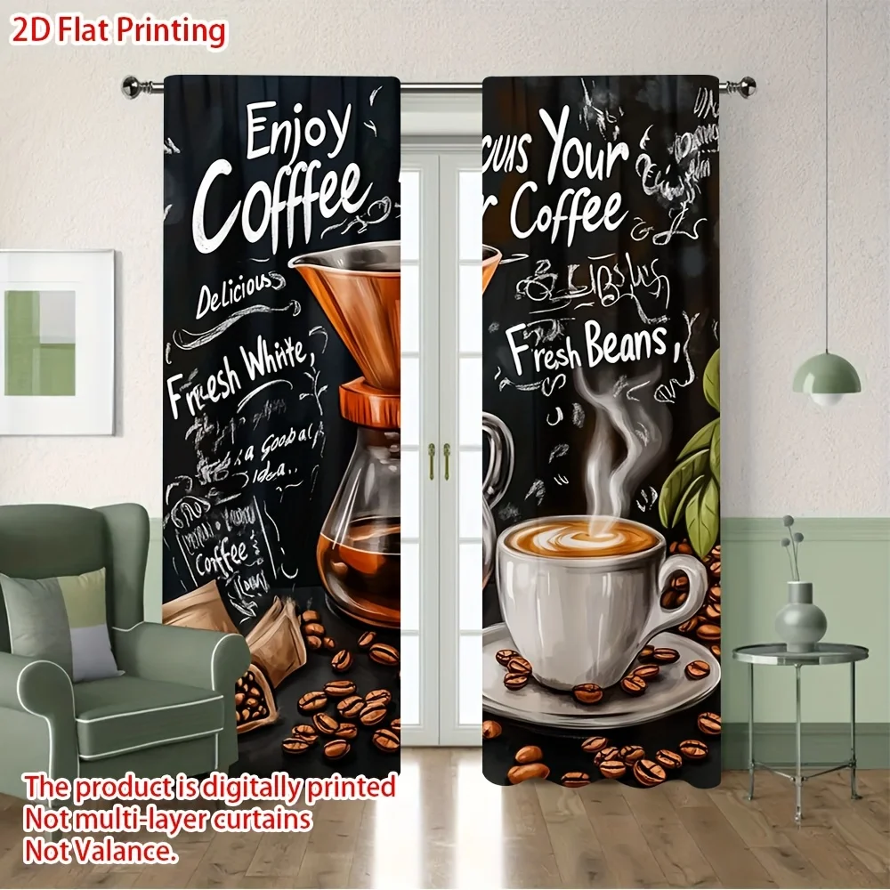Coffee Theme Curtain Panels, Coffee Cup Bean Drip Pot Chalkboard Lettering Black Background Print Drapes Kitchen Bedroom Decor