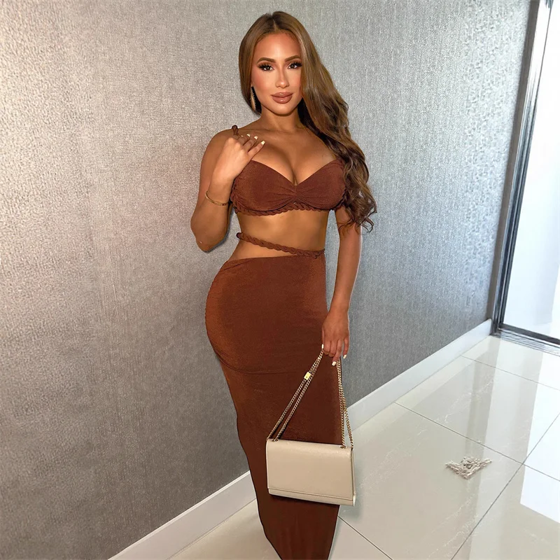 مثير النادي الليلي فستان الحفلات مجموعات النساء 2 قطعة ملابس عيد ميلاد السباغيتي حزام المحاصيل الأعلى وتنورة طويلة مطابقة مجموعات Conjuntos
