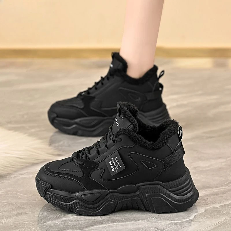 ​2025 Winter Women's Clunky Chunky Sneakers High Top Fleece Lined Korean Style Warmth Height Increasing Sports Shoes​ for Women