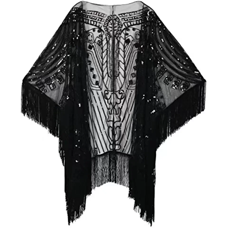 Women\'s 1920s Shawls and Wraps for Evening Dresses Oversized Sequin Beaded Fringed Wedding Cape  cosplay costumes