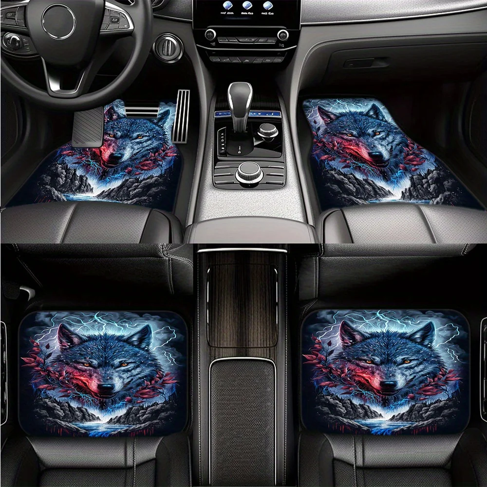 Wolf Pattern Fit Car Floor Mats - Non-Slip, Stain-Resistant, Thick Polyester Front & Rear Seat Covers, Machine Washable Auto Int