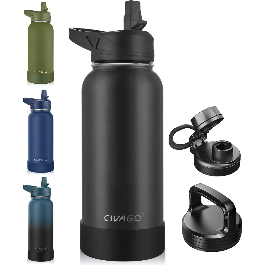 

32 oz Insulated Water Bottle With Straw Stainl Steel Sports Water Cup Flask with 3 Lids Straw Spout and Handle Lid Wide Mouth T