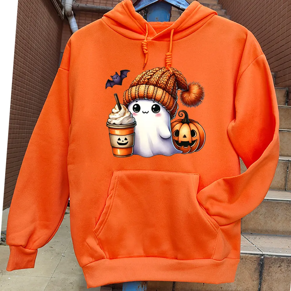 Halloween Orange Hoodies Kawaii Ghost Halloween Ladies Long Sleeve Sweatshirt Cute Halloween Bat Print Autumn and Winter Hoodie