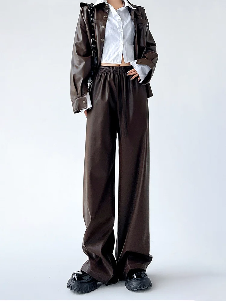 Black Wide PU Leather Pants Women Autumn Vintage Elastic High Waist Y2K Harajuku Baggy Straight Trousers