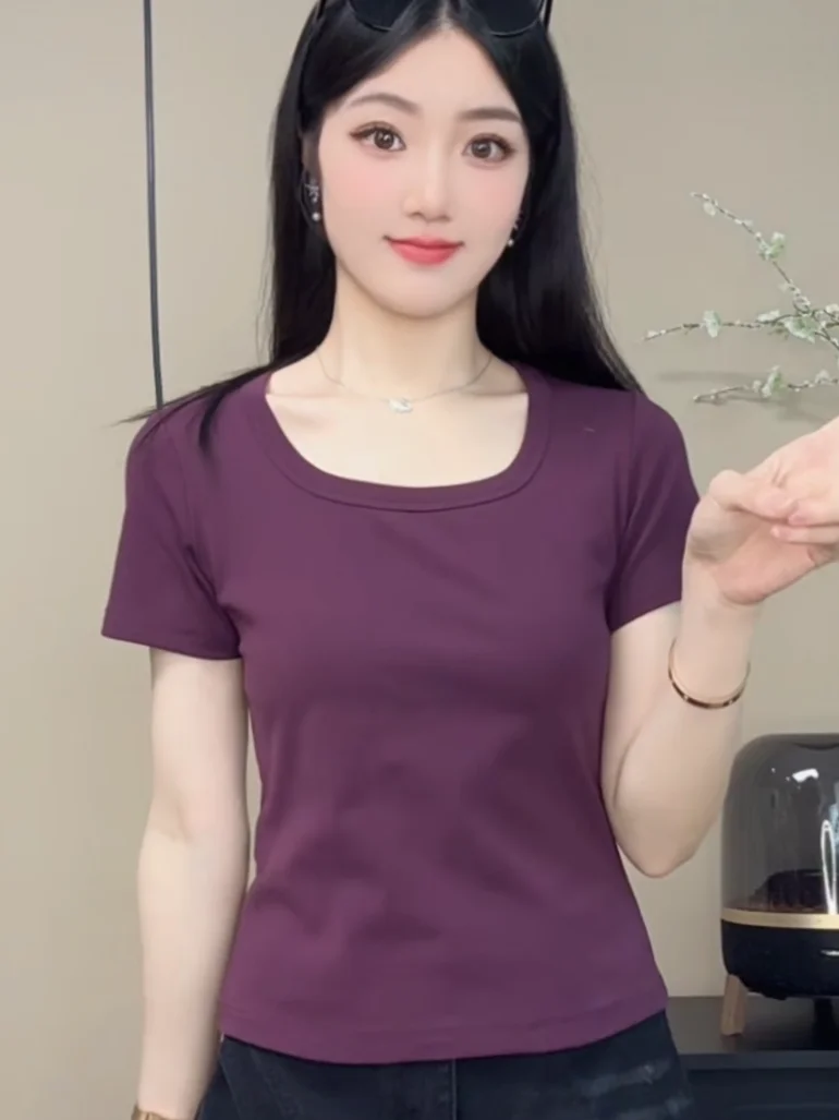 Slim Fit ort Sve T-shirt Dames Zomer Nieuwe Sle Casual Hoge Elastici Veelzijdige Losse Top Vierkante Kraag Basis irt