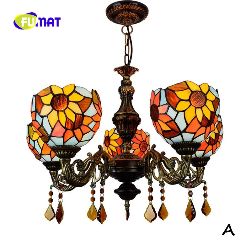 FUMAT American Pastoral Creative Sun Flower Retro Tiffany Stained Glass Living room Restaurant bar Clubhouse 5 chandelier