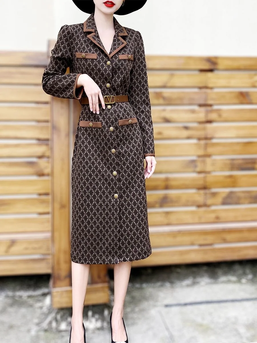 Autumn 2023 and Winter New Print Dress Feminine Retro Premium Lace-up Slim Contrast Panel Suit Collar