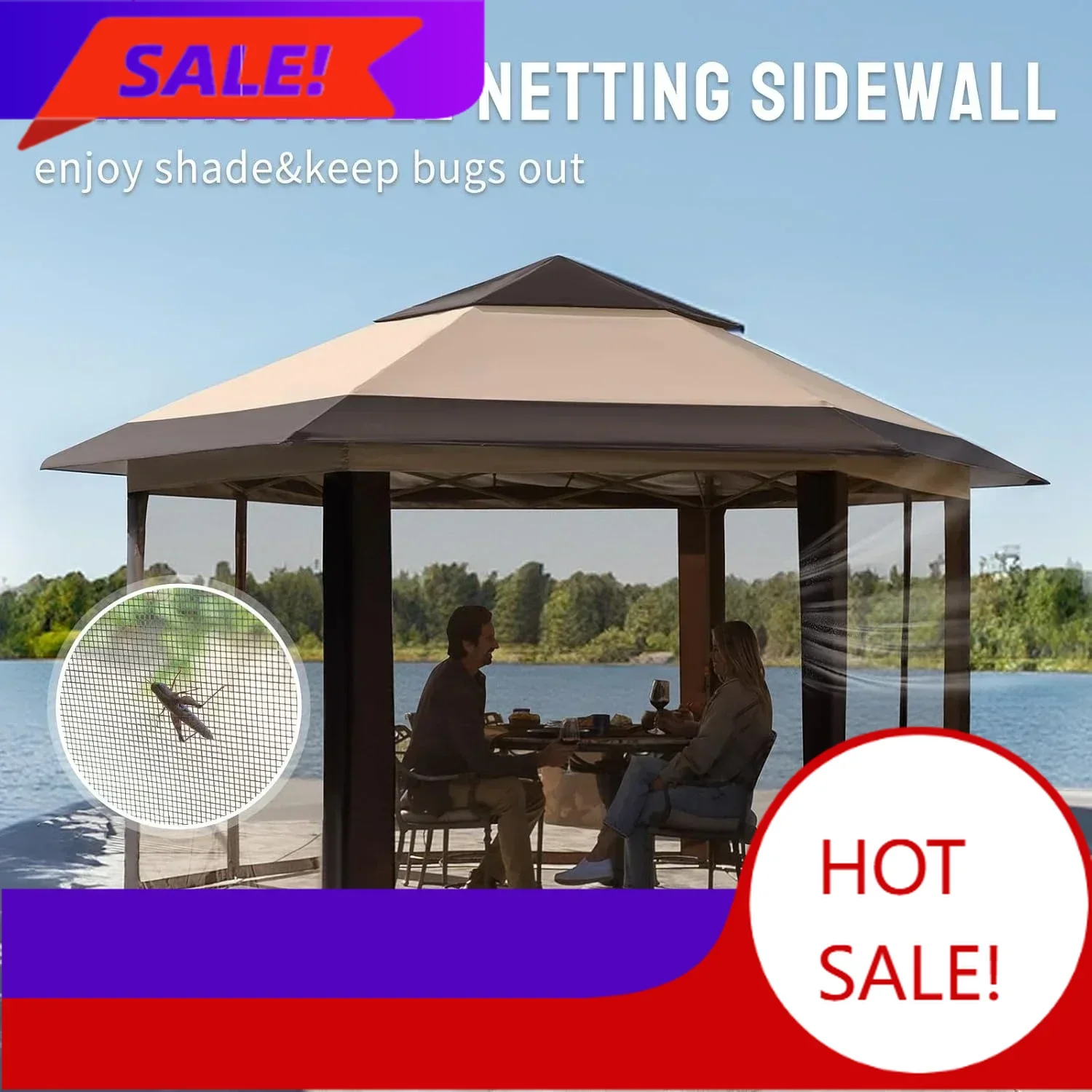 

Бестселлер: Патентованная 6-сторонняя портативная беседка с центральным замком, 13x13 футов, быстросборная, с москитными сетками, из ткани 300D с серебряным покрытием