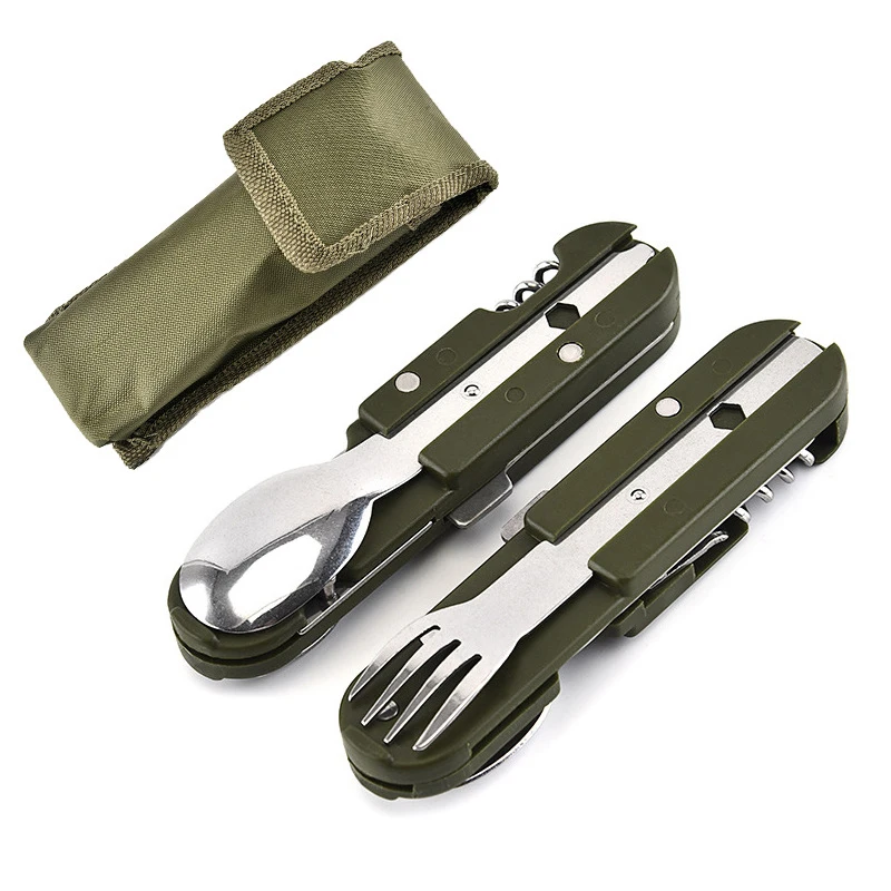 Cuchillo de Picnic plegable para acampada, cuchillo portátil de acero inoxidable, tenedor verde militar, cuchara, abrebotellas, vajilla, Kit de viaje