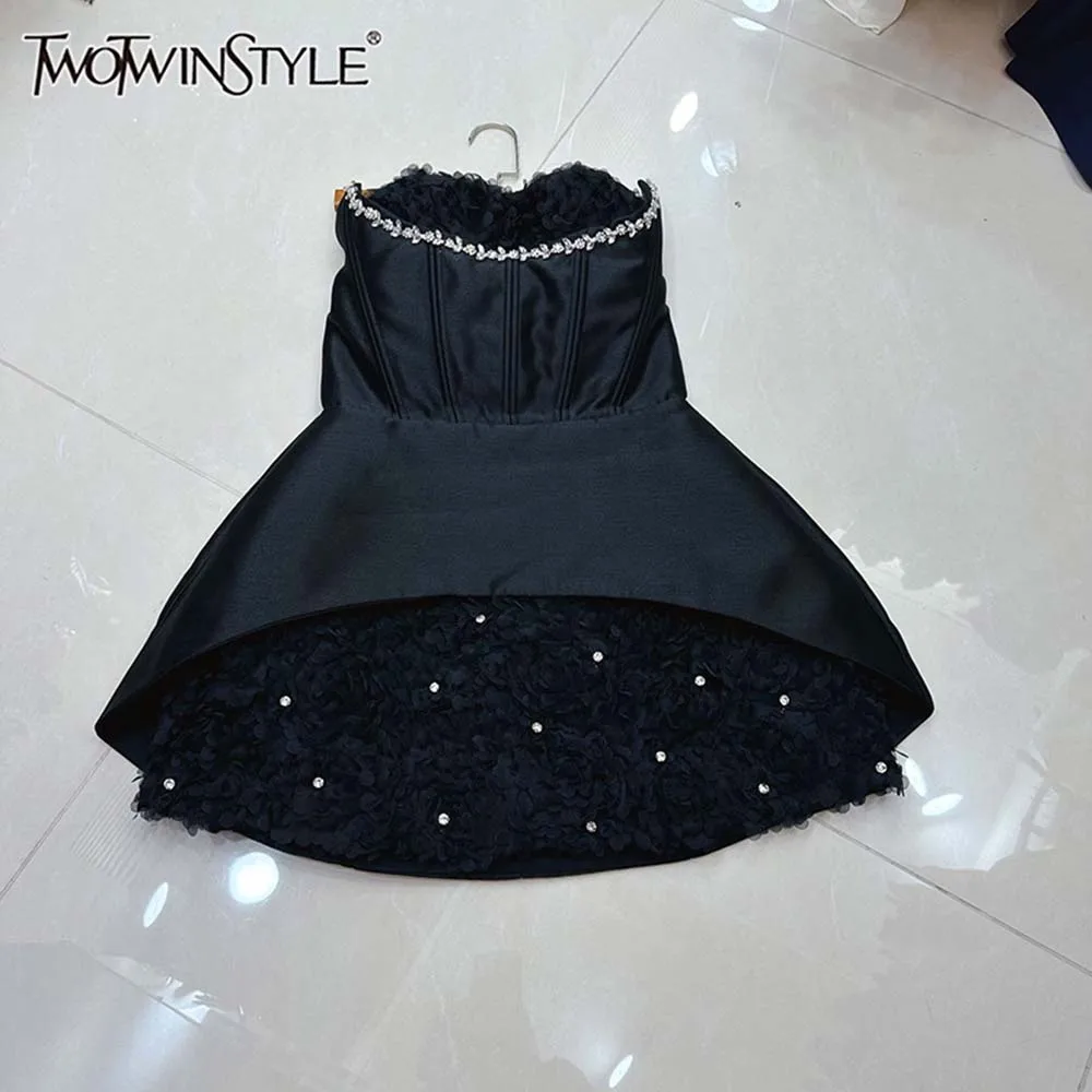 TWOTWINSTYLE Cute Slimming Dresses For Women Square Collar Sleeveless High Waist Spliced Appliques Chic Dress Female KDR545185