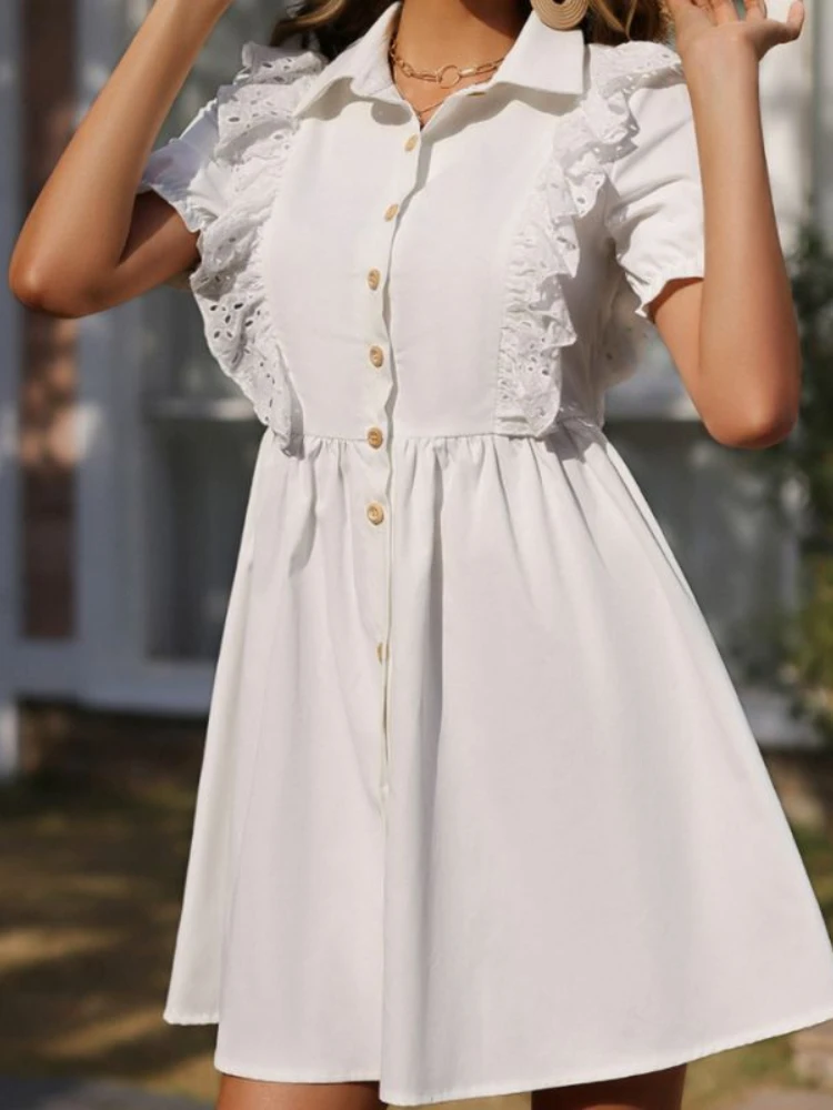 

Women Casual White Dress Sexy Mini Ruffles Short Sleeve Bodycon Female Dresses 2022 Buttons Elegant Y2k Ladies Clothes Vestidos