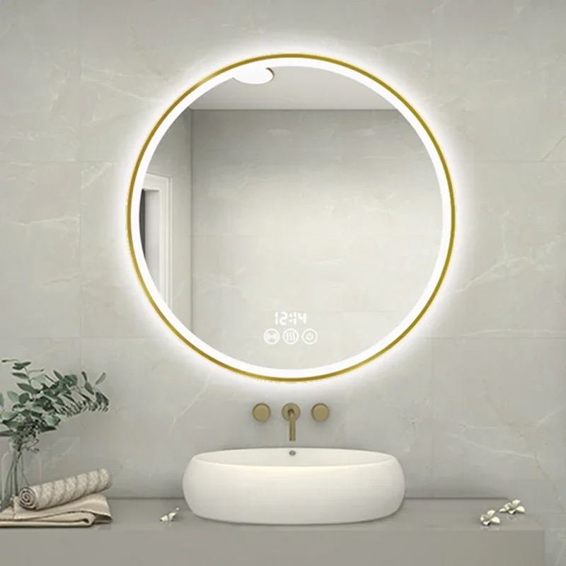 Gold Frame Round Mirror Modern Touch Switch Bathroom Mirror Design 50 Cm Tocador De Maquillaje Mueble Con Espejo Indoor Supplies