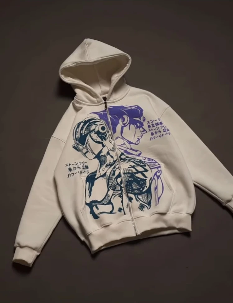 

Худи Za Warudo JOJO в стиле Харадзюку, оверсайз, на молнии, для мужчин и женщин, в стиле хип-хоп, для пар, уличный стиль Y2K, с эффектом «звездного плеча»