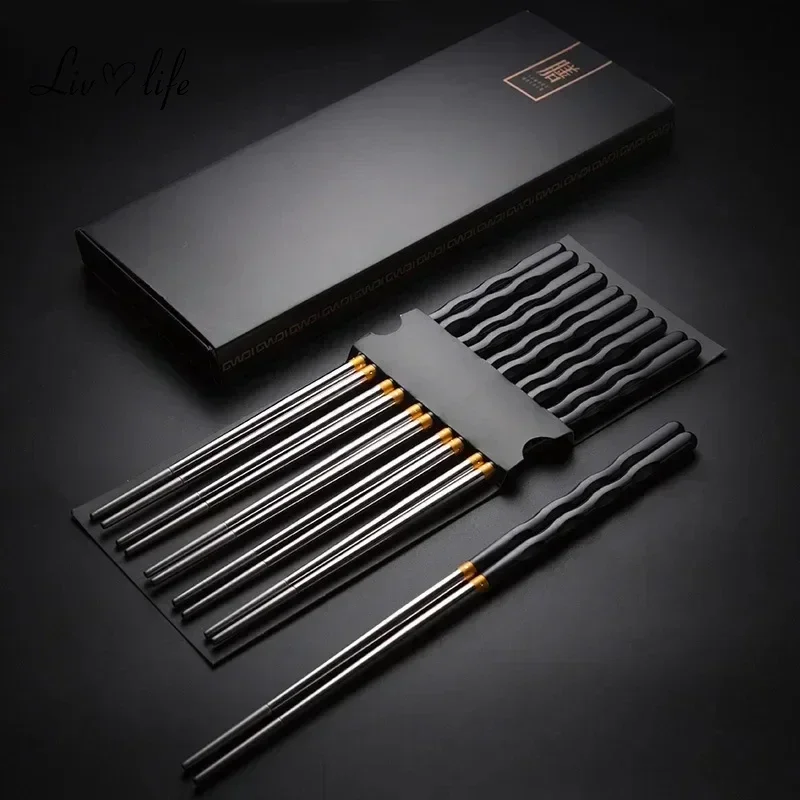 Reusable Black Gold Chopsticks Set Stainless Steel Non-Slip Japanese Food Chinese Korean Metal Chop Sticks Dishwasher Safe