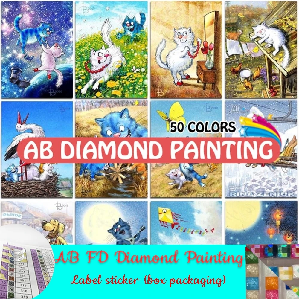 AB FD Diamond Painting Blue Cat Kit Russian Animals 5D DIY Full Square Round Drill Embroidery Cross Stitch Mosaic Home Decor Art