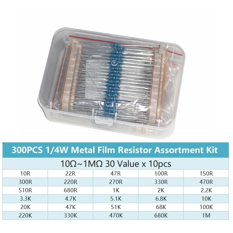 300/600pcs 1/4w Metal Film Resistor Box Power Resistors Kit : 30values 10ohm ~1m Resistance 1% Set Of Resistors Diy Electronic