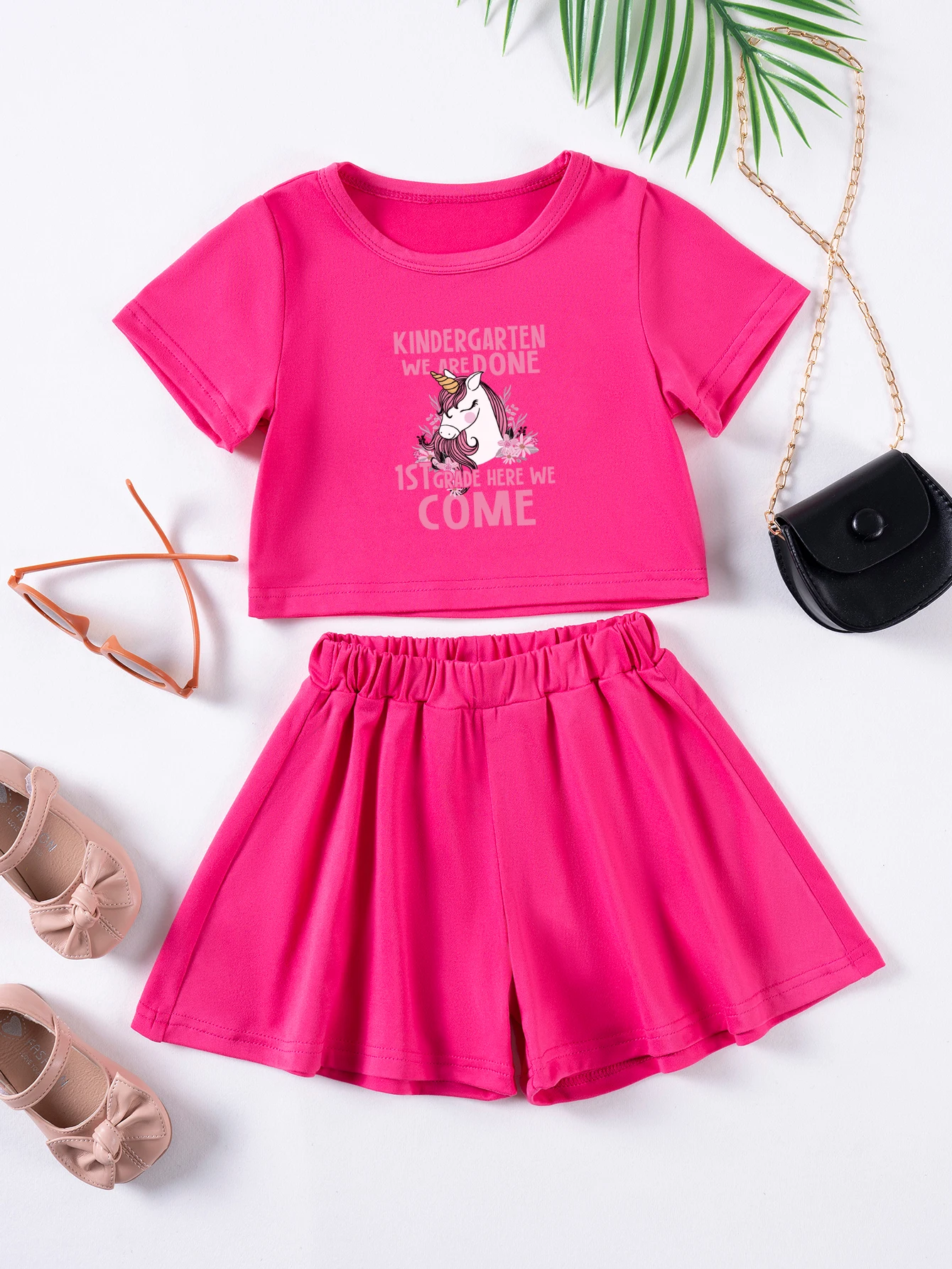 Kleinkind 2-teiliges Set Sommer Mädchen Cartoon-Print Mode-Anzug Kurzarm Kurzer Rock Baby Zweiteiler Einfarbig Niedlicher Süßer Anzug