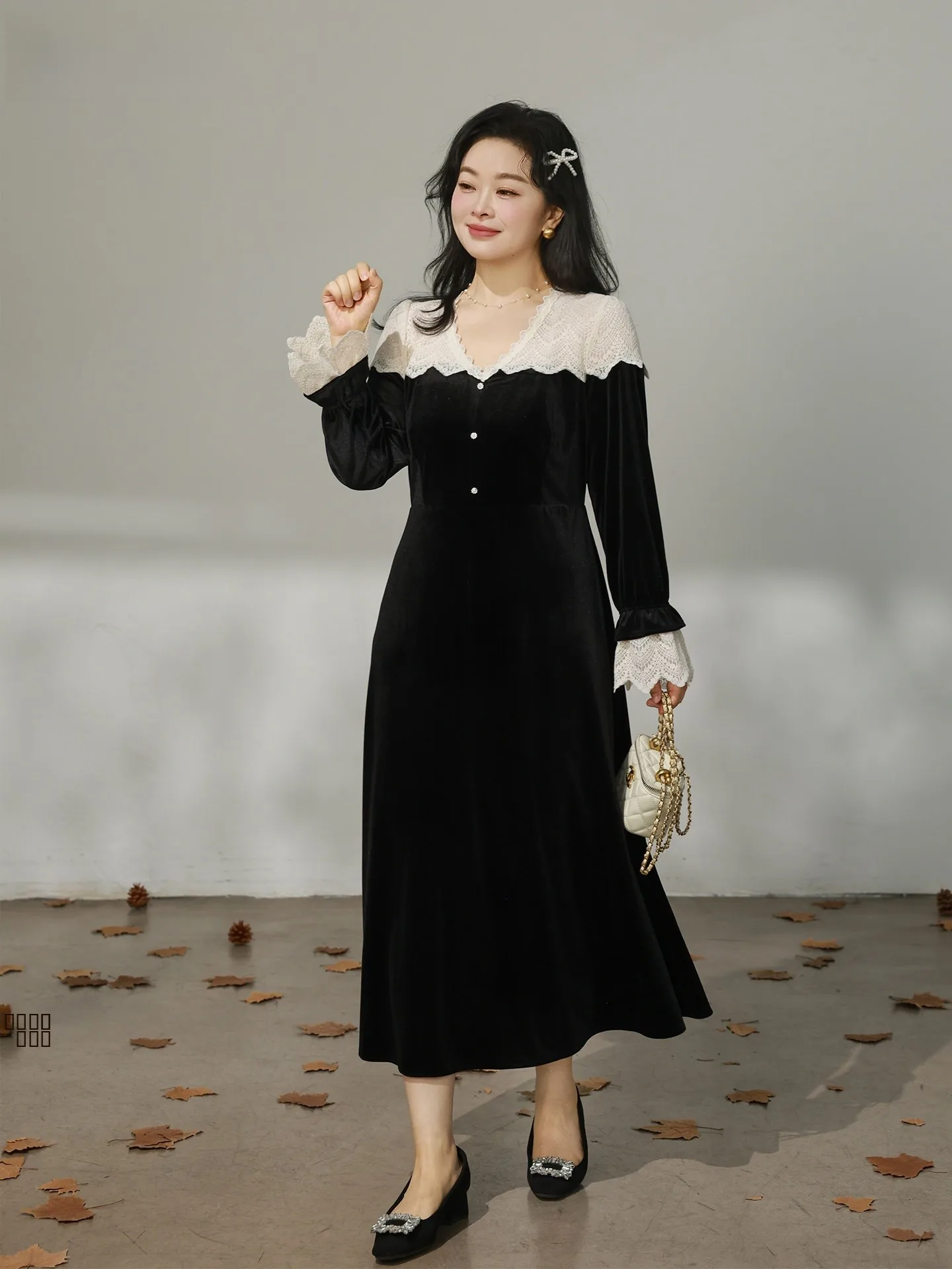 

DM00 plus Size Velvet Dr Ele Collar Lace Splicing V-ne Winter Faion for plus Size Women Romantic Social Series