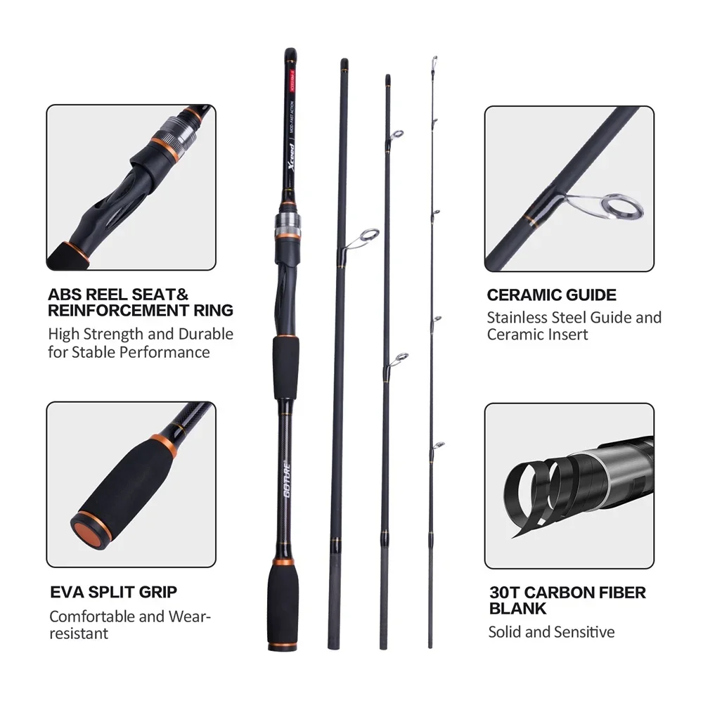 Goture Xceed 1.98-3.6m Carbon Spinning Casting Bait Rod M/MH Power Lure Rod 4 Sections with Tube Bag Ultralight Lure Trout Pole