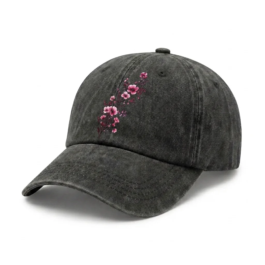 Vintage Washed Pink Blossom Branch Graphic Baseball Cap, Adjustable Unisex Dad Hat for Men and Women