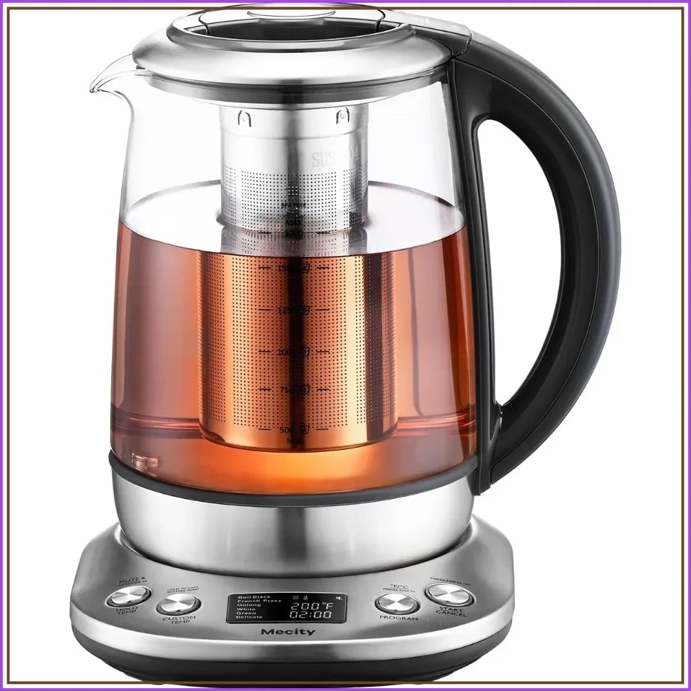 

Electric Tea Kettle 1.7L Borosilicate Glass with Temperature Control and Infuser, LCD Display, 6 Preset Brewing Programs, Auto Keep Warm