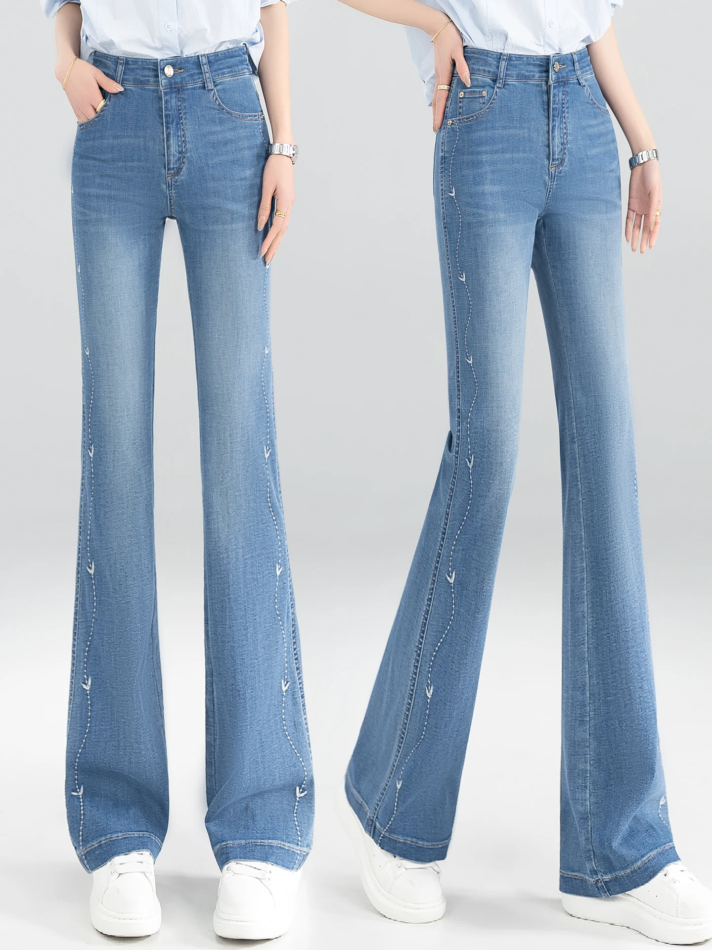 

Retro Flared Jeans Women's High Waist Slim Fit Embroidered Bootcut Pants Small Size Casual Cotton Polyester Blend Denim