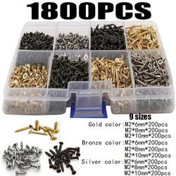 1800PCS Self-Tapping Screws Set Flat Head Cross Screw Carbon Steel Copper Plated Stainless Steel Screw Woodworking Screws 2MM