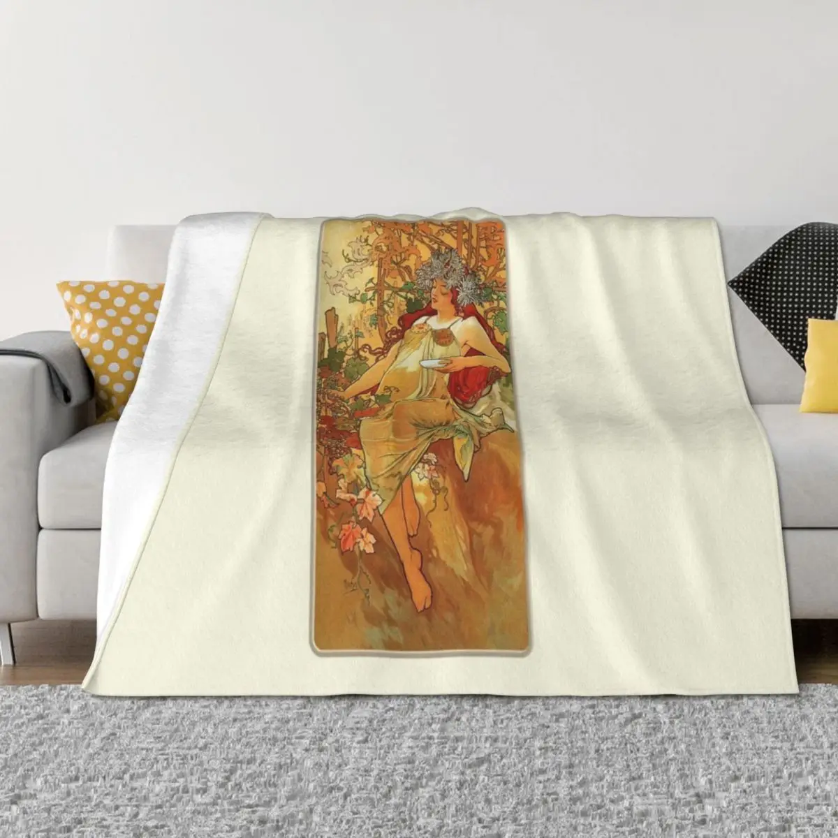 

Autumn by Mucha - Vintage Four Seasons Reproduction 1896 Throw Blanket Soft Plaid Multi-Purpose Retros Blankets