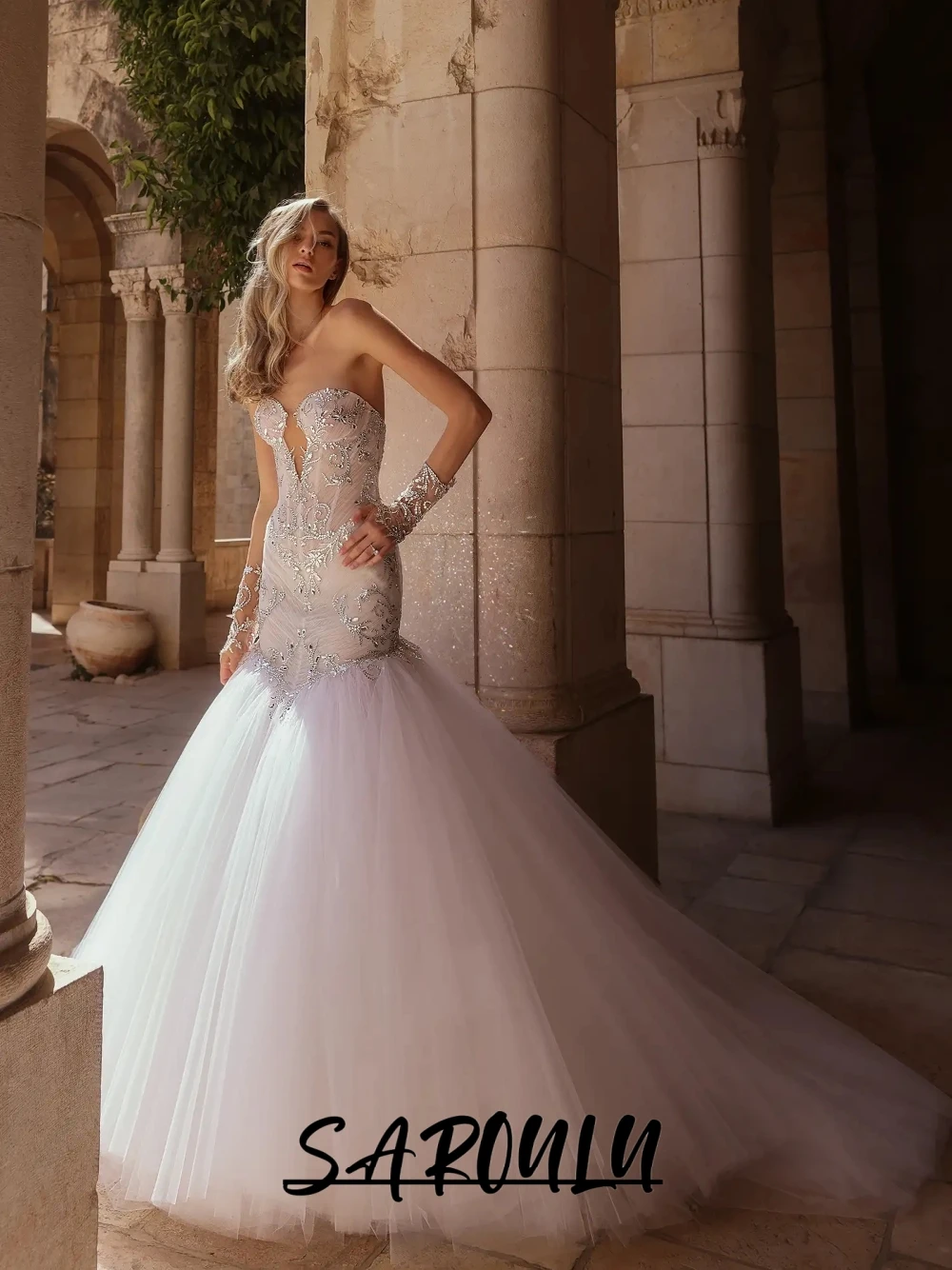 

SAROULU Crystals Mermaid Wedding Dress Classy Sheer Sweetheart Neckline Customized Bride Wear Beautiful Stunning Bridal Gown