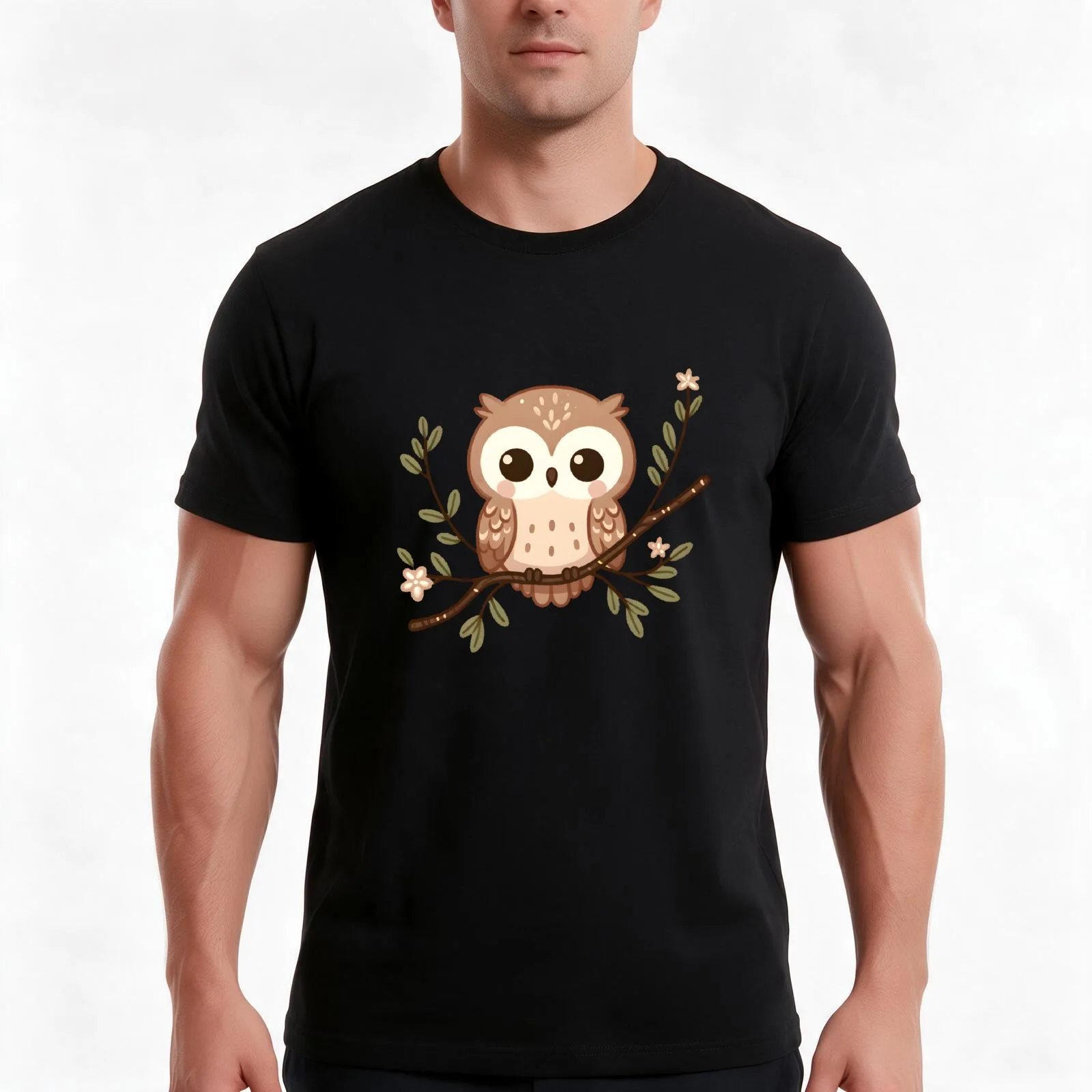 Sleepy Owl Perched on a Blossoming Branch T-Shirt, Summer Casual Cotton Tee, Oversized Streetwear Tops, Vintage Graphic Print