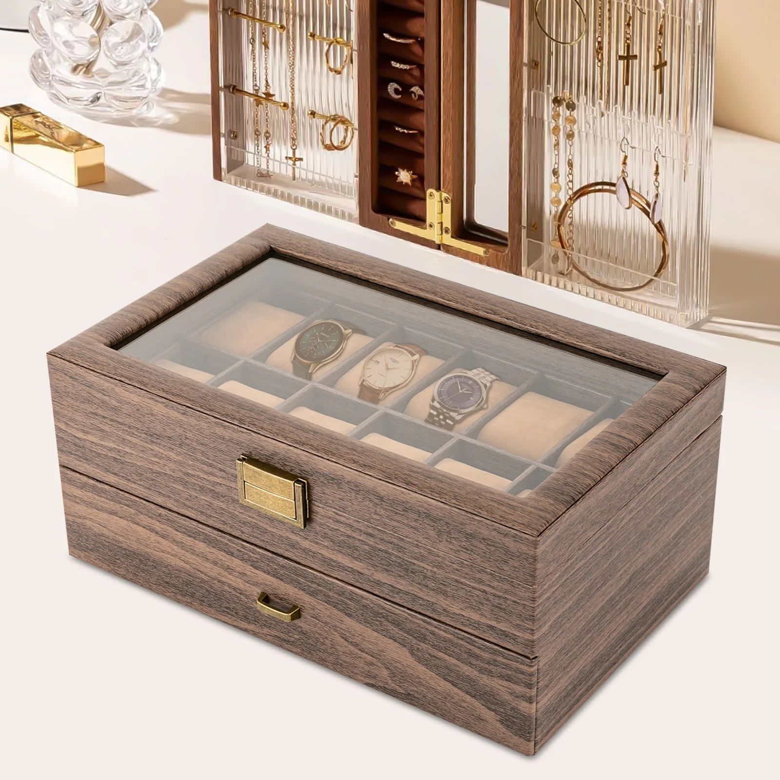 24-Fach-Organizer aus PU-Leder für Uhren, Schmuck, Uhrenboxen – Glasdeckel, weiche Kissen, Display-Aufbewahrung – für Kommode