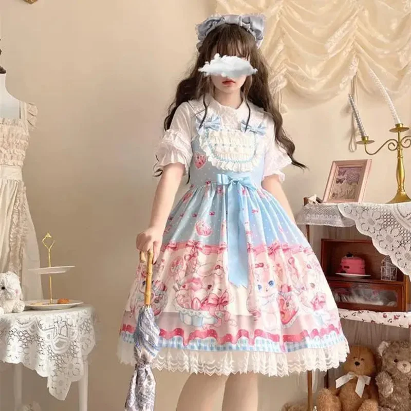 Japanese Sweet Lolita OP Dress Summer Girls Cute Lace Bow Strawberry Bunny Tea Party Dresses Women Harajuku Kawaii Chic Vestidos