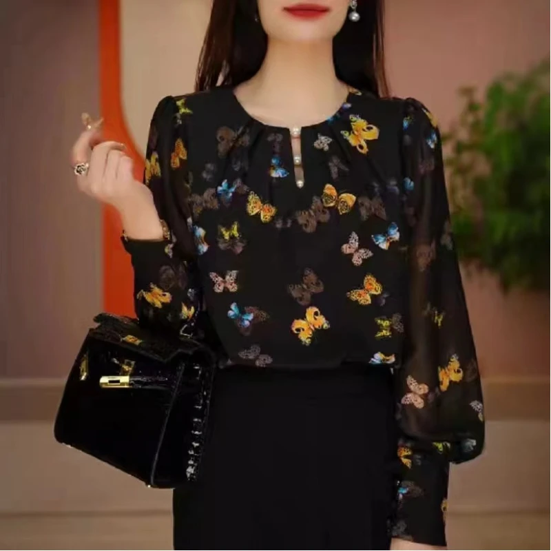 Spring Autumn Fashion Printing Round Neck Long Sleeve Women\'s Clothing Blouses Floral Embroidered Flares Korean Patchwork Shirts