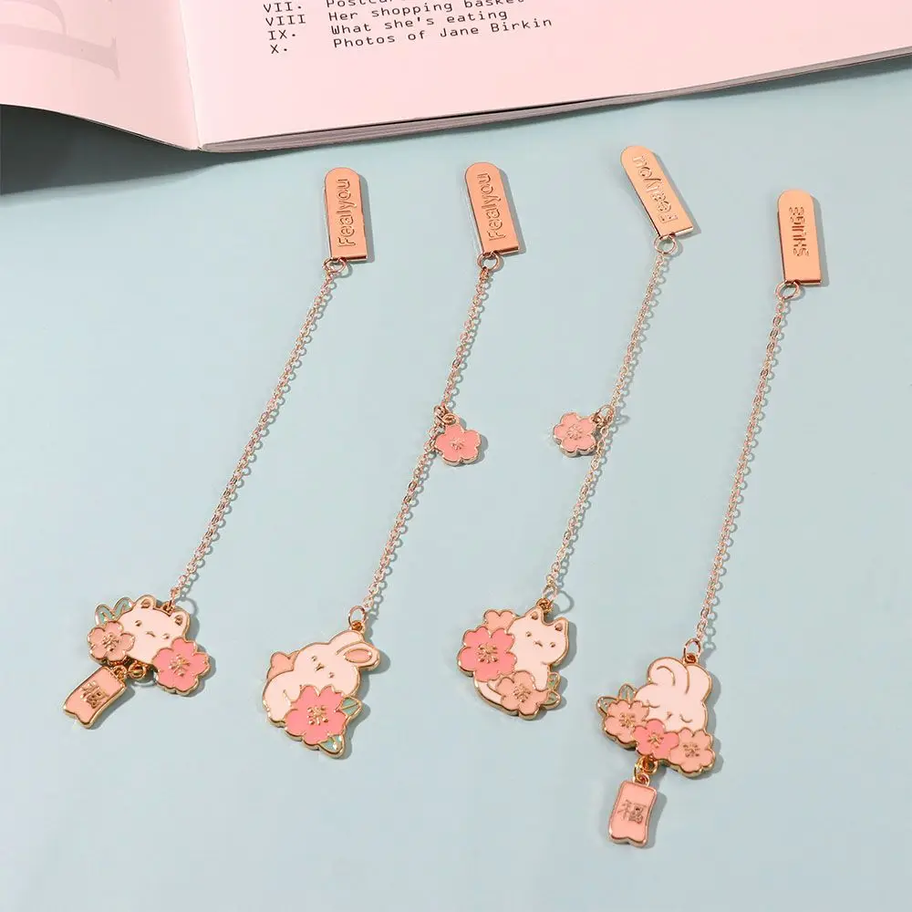 Alloy Chain Office Book Tag Paper Clips Marker of Page Reading Rabbit Pendant Bookmark Romantic Sakura Metal Bookmark