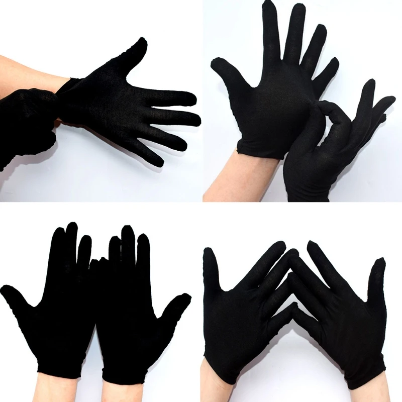 12 Pairs Unisex Soft Black Cotton Full Finger Working Gloves Formal Dress Parade Jewelry Inspection Protective Stretcahble