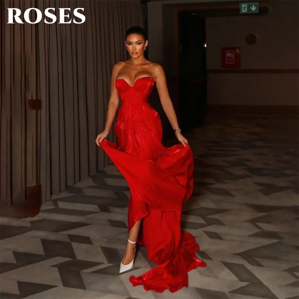 

Красное атласное платье для выпускного вечера с вырезом «сердечко», силуэт «русалка», без рукавов, со шлейфом, вечернее платье для женщин, на заказ