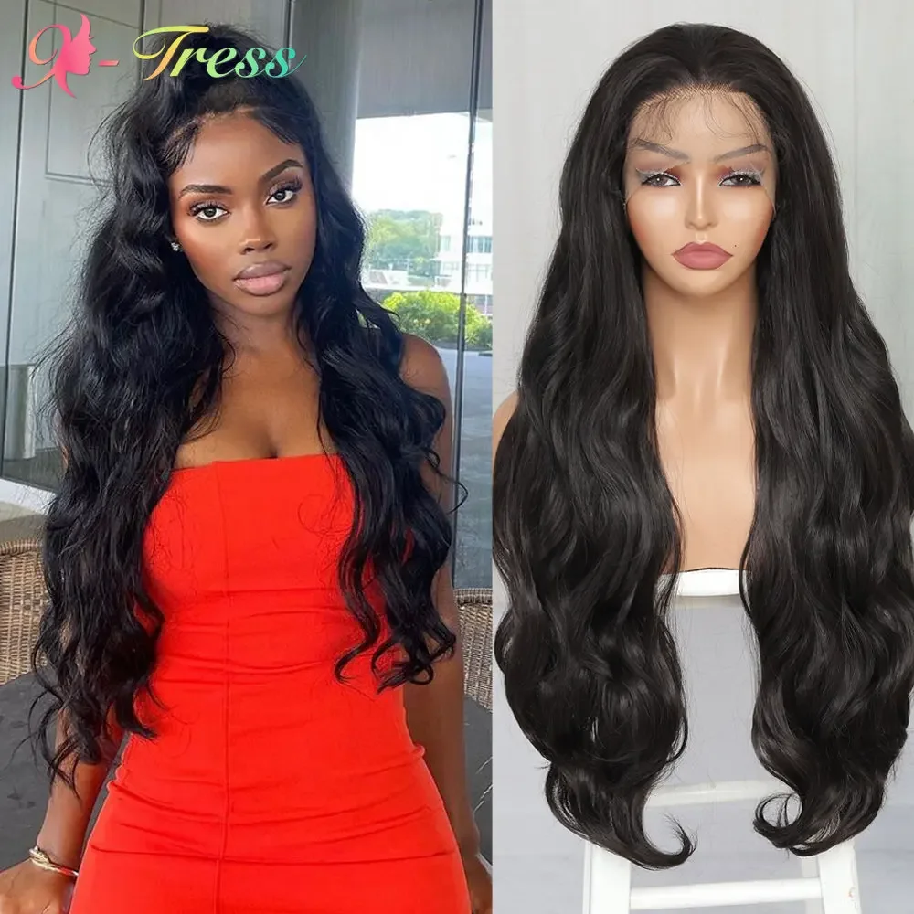 X-TRESS Synthetic 13x4 Lace Front Wig for Black Women 28 Inch Long Body Wave Free Part Lace Wigs with Baby Hair Heat Resistant