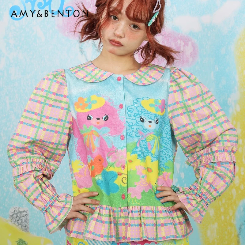 

Original Design Cute Pink Animal Print Women's Clothing 2025 Autumn New Sweet Girl Y2k Plaid Splicing Versatile Shirts Ladies